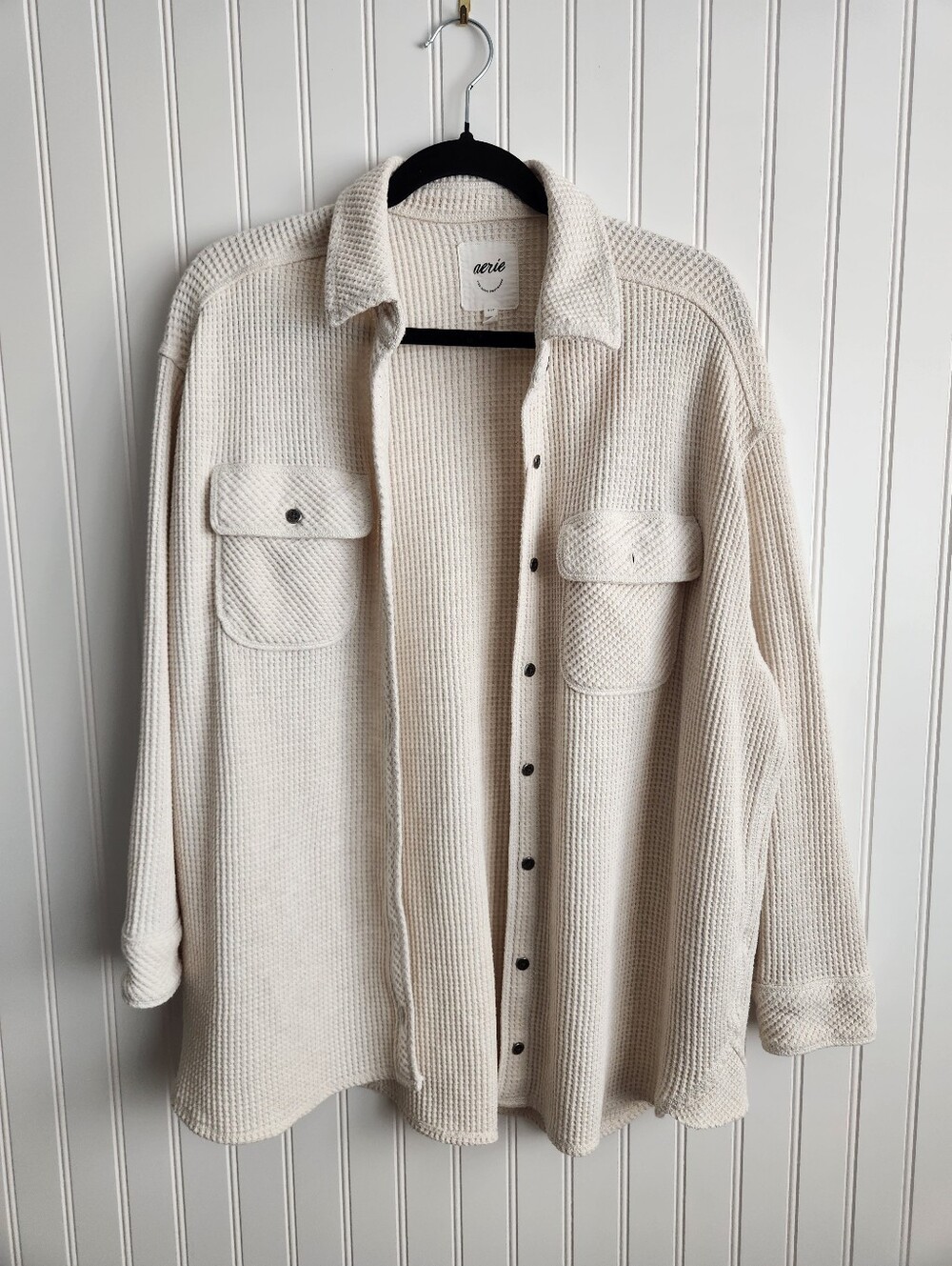 AERIE Oatmeal Waffle Knit Cotton Blend Button Front Flannel Oversized Small - Picture 1 of 6